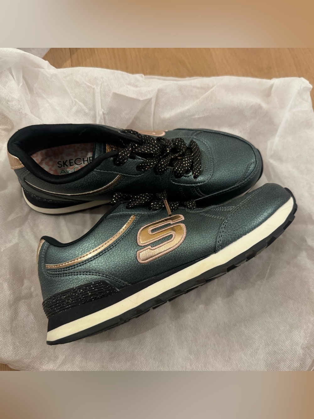 Skechers Women's Metallic Teal Lace-Up Sneaker with Rose Gold Logo